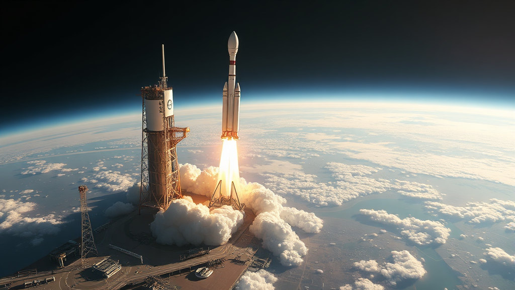 민간 우주산업 경쟁 심화 (realistic 스타일)