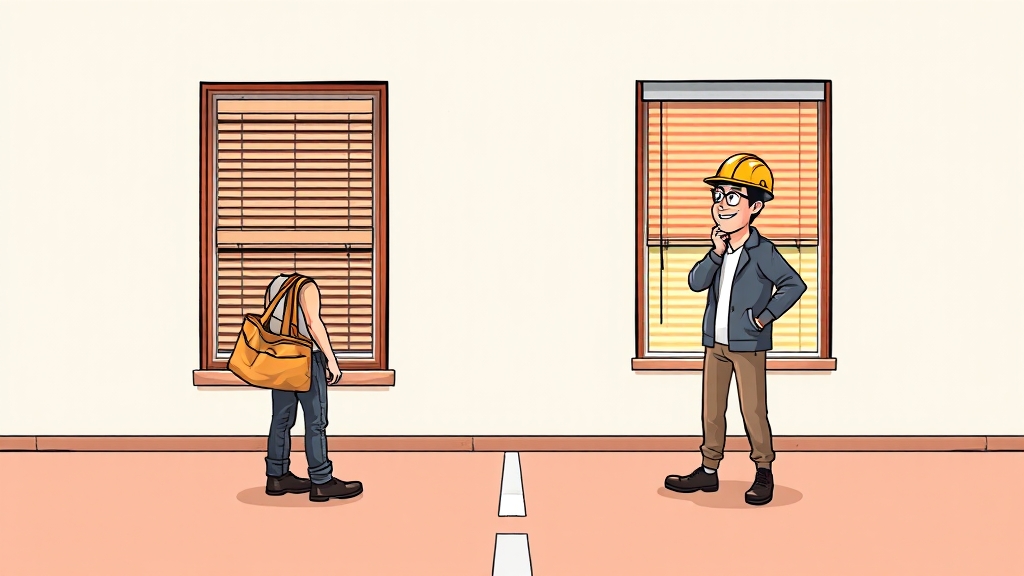 블라인드 설치: 셀프 vs 전문가 (cartoon 스타일)