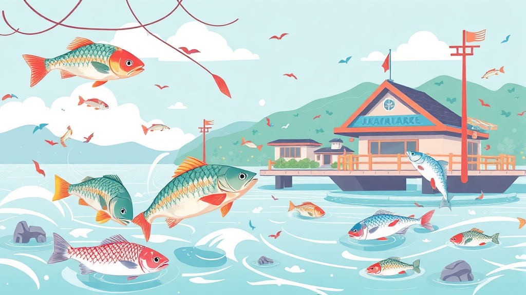 선재낚시공원 방류 시간 및 주요 어종 (illustration 스타일)