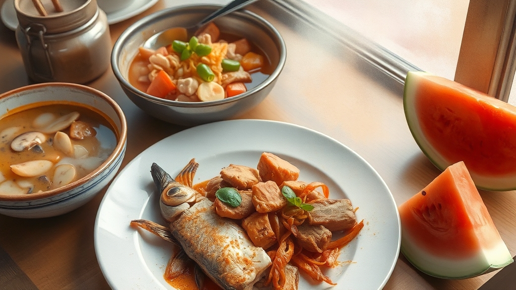 옌청 맛집 탐방: 라운딩 후 현지 음식 (watercolor 스타일)