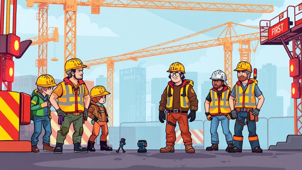 건설 현장 안전 규제 강화 (cartoon 스타일)