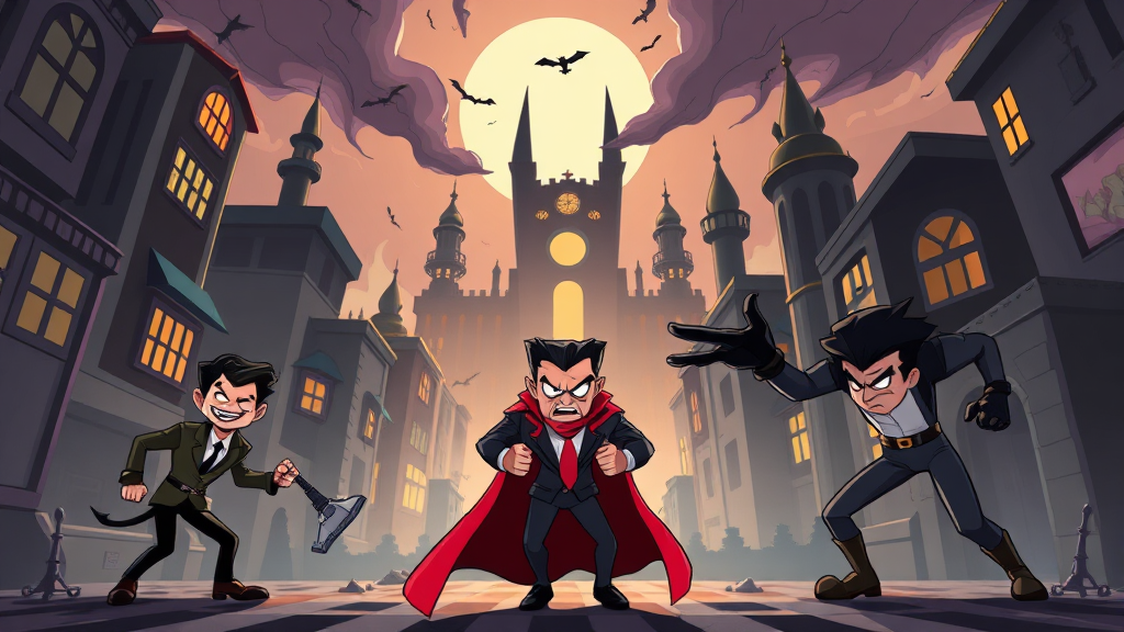 세 악당의 통쾌한 반격: 삼악의 어둠을 파헤치다 (cartoon 스타일)