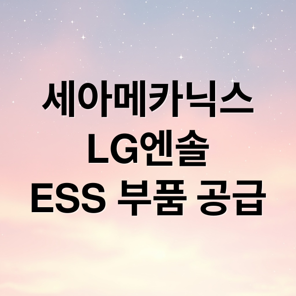 세아메카닉스
LG엔솔
ESS 부품 공급 (세아메카닉스 LG에너지솔루션 ESS 수주)