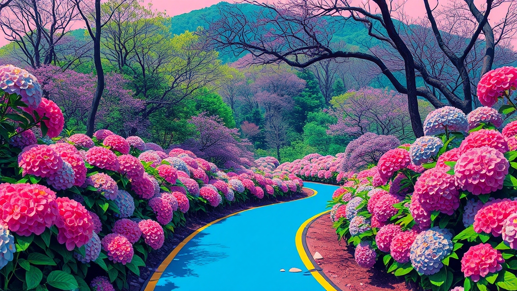 수국, 제주를 동화처럼 물들이다 (popart 스타일)