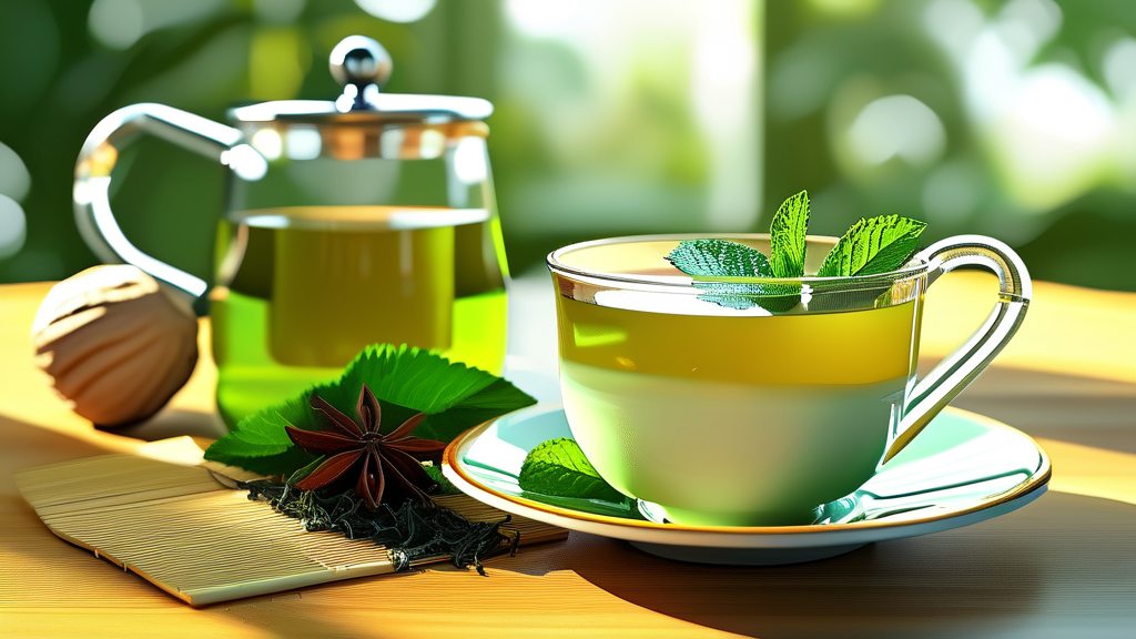 녹차, 생강차, 작두콩차: 비염에 좋은 차 종류별 특징 (realistic 스타일)