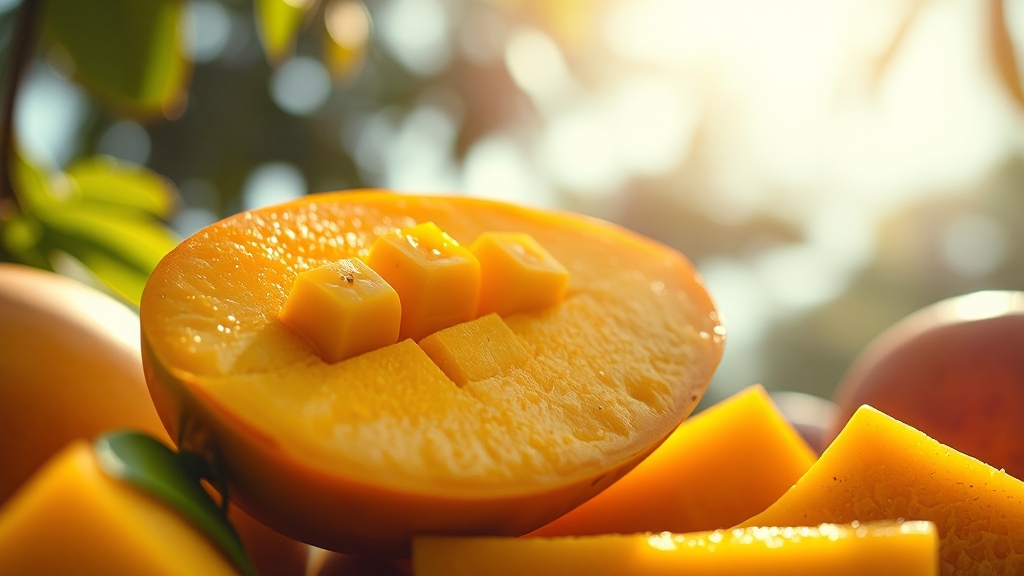 망고 섭취 시 주의사항 (realistic 스타일)