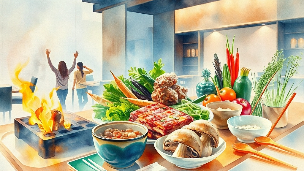 가성비 & 특별한 경험: 셀프바, 한우, 숯불갈비 (watercolor 스타일)