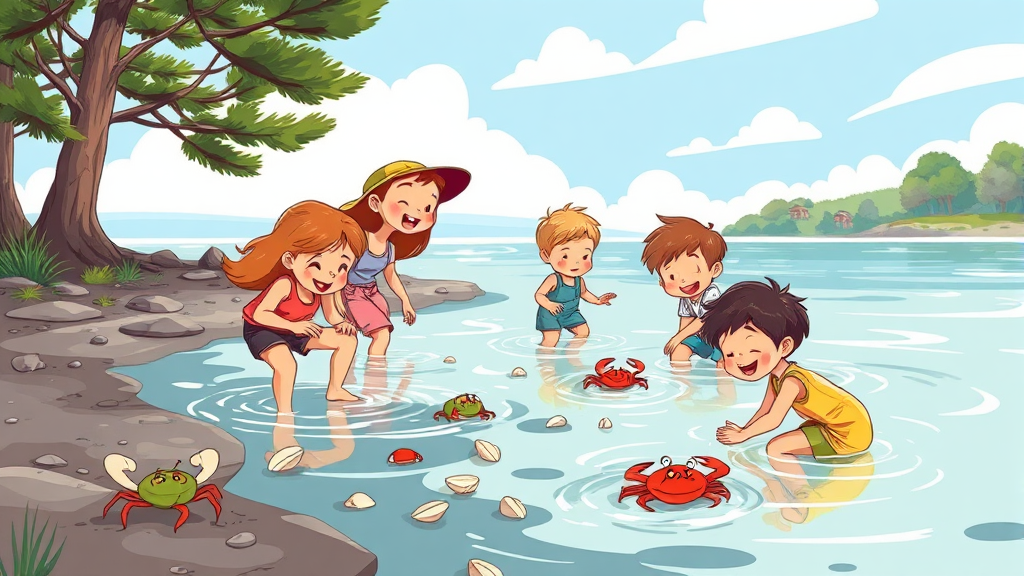 다채로운 체험 활동: 갯벌부터 물놀이까지 (cartoon 스타일)