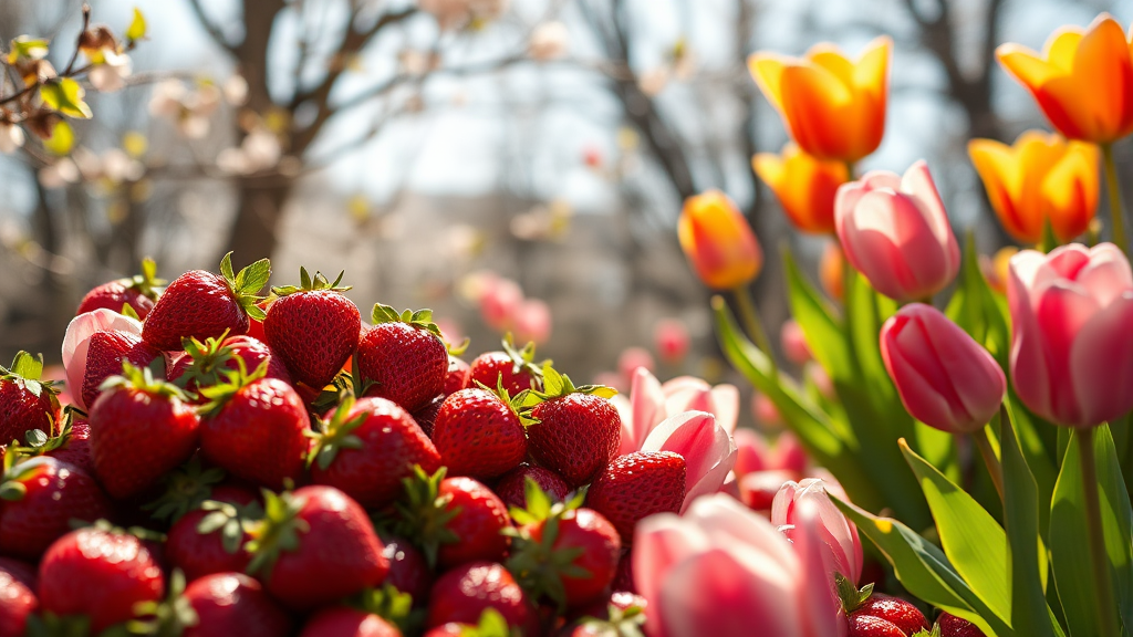 색다른 봄의 즐거움: 딸기, 고로쇠, 튤립 축제 (realistic 스타일)