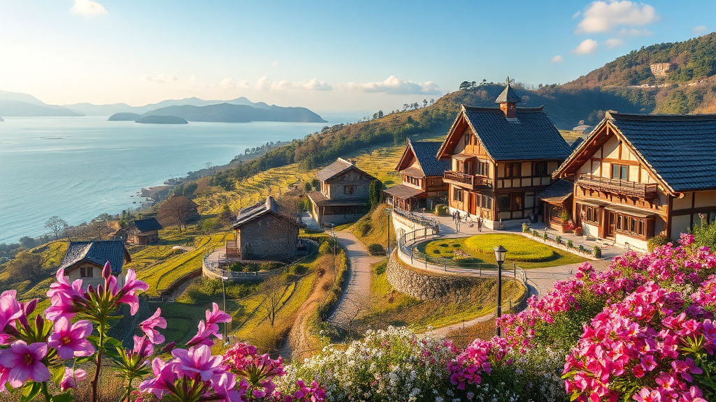 남해: 푸른 바다와 봄꽃이 어우러진 힐링 여행 (realistic 스타일)