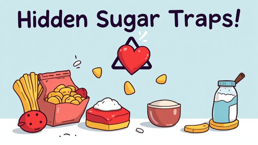 혈당 급증 유발 음식: 숨겨진 설탕의 함정 (cartoon 스타일)