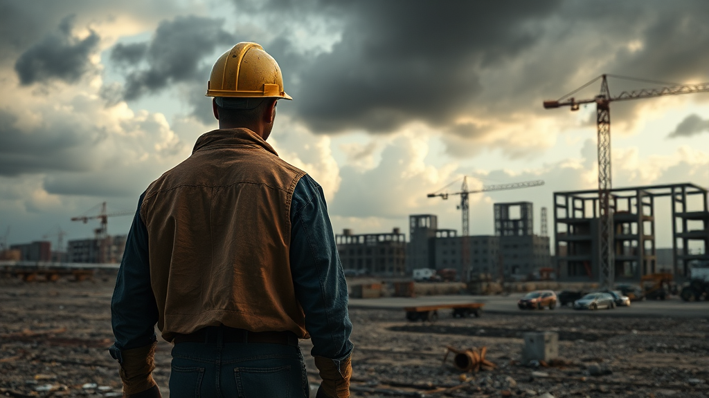 건설 경기 침체와 임금 변화 (realistic 스타일)