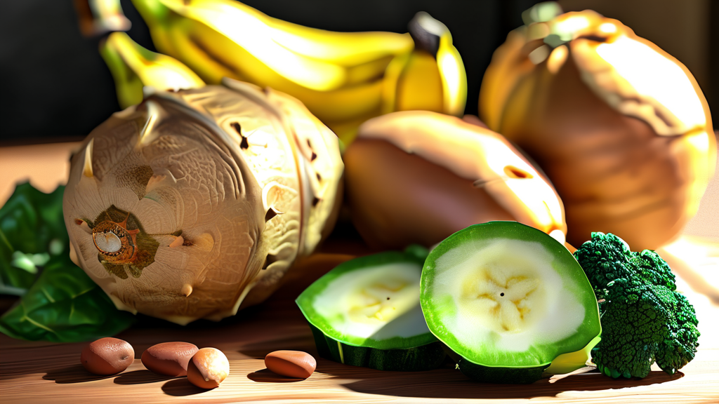 칼륨 풍부, 다이어트 식단에 꼭 포함해야 할 식품들 (realistic 스타일)