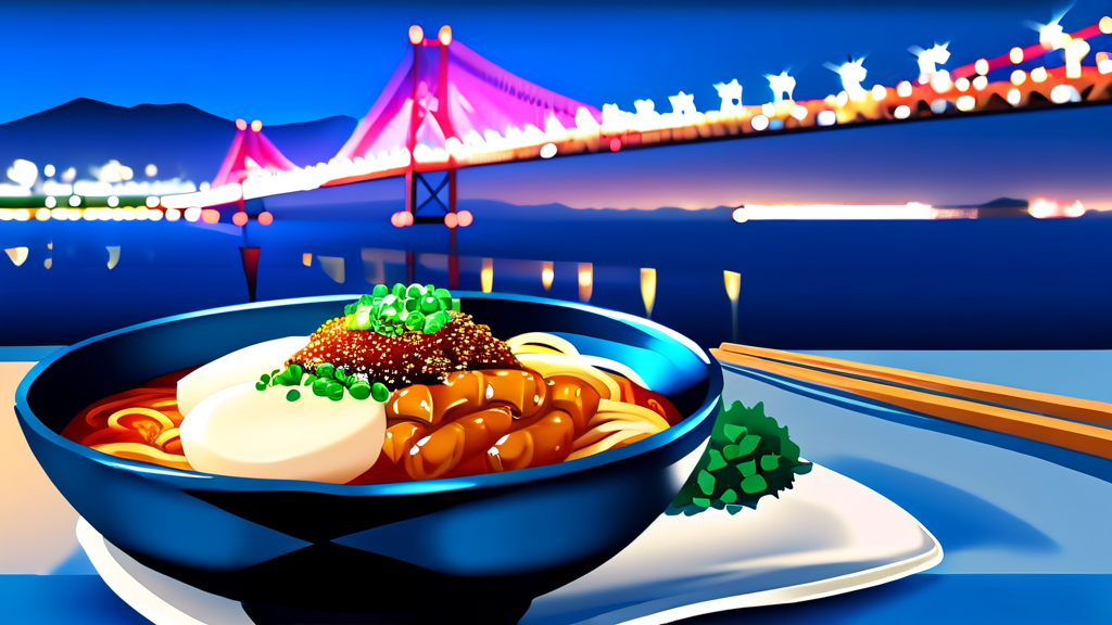 압해도 천사짜장: 바다를 담은 푸른빛의 특별한 맛 (realistic 스타일)