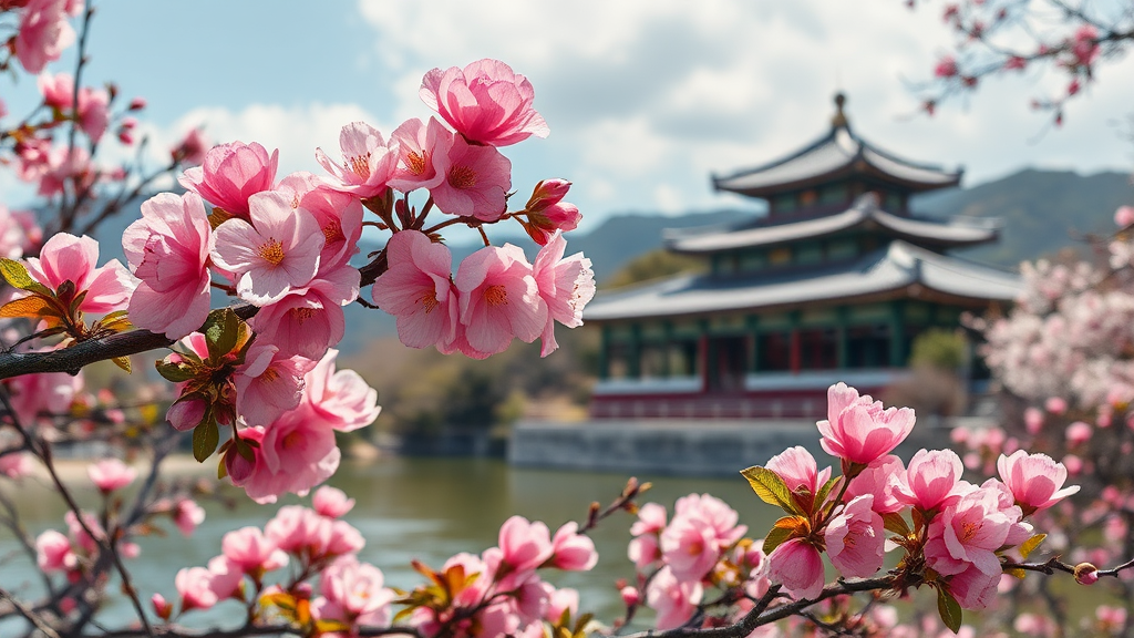 봄의 전령사: 동백, 매화, 산수유 명소 (realistic 스타일)