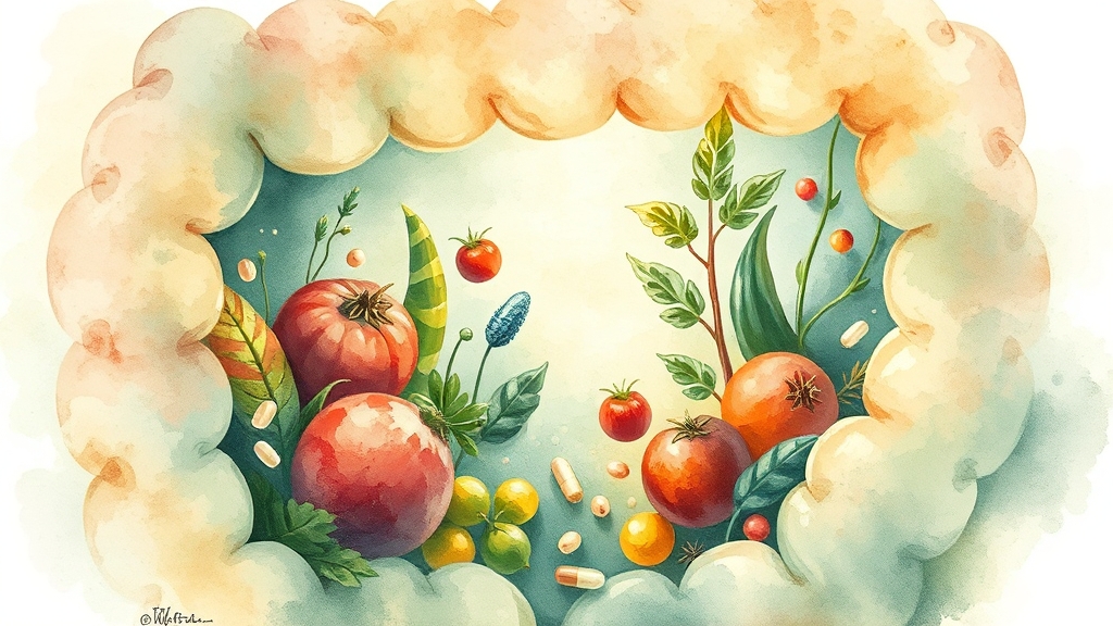 프로바이오틱스와 프리바이오틱스 시너지 (watercolor 스타일)