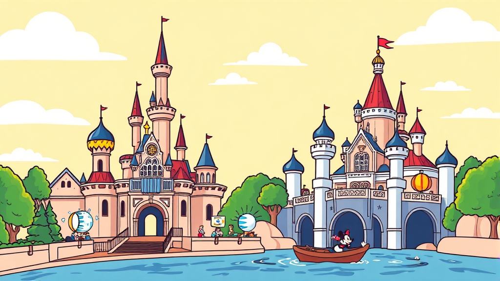 디즈니랜드와 디즈니씨, 테마별 핵심 즐길 거리 완벽 분석 (cartoon 스타일)