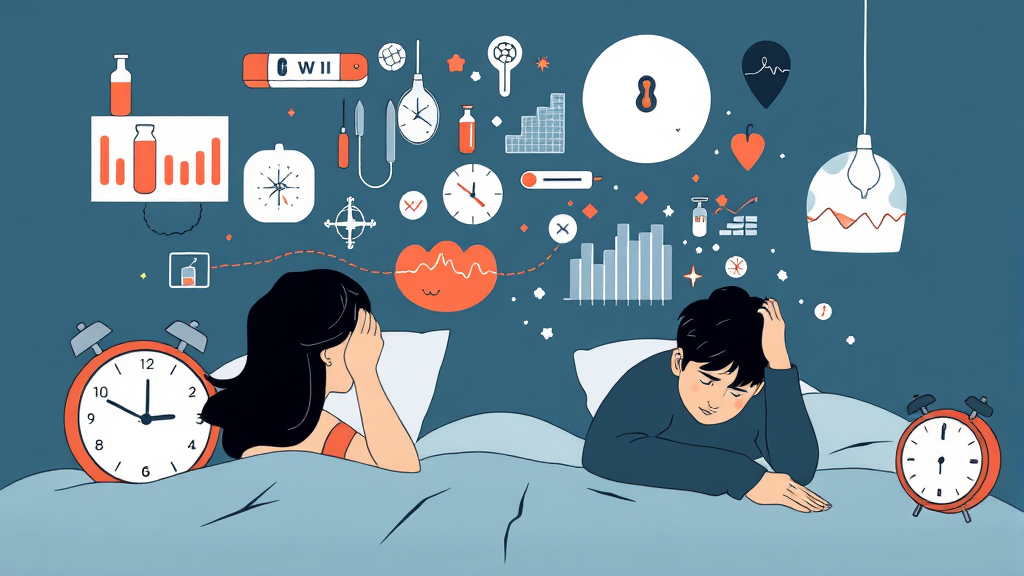 혈당 변동, 스트레스, 활동량 부족: 피로의 복합적 원인 (illustration 스타일)