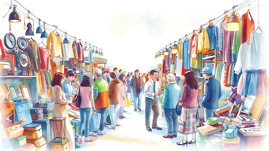 벼룩시장: 중고 거래의 모든 것 (watercolor 스타일)