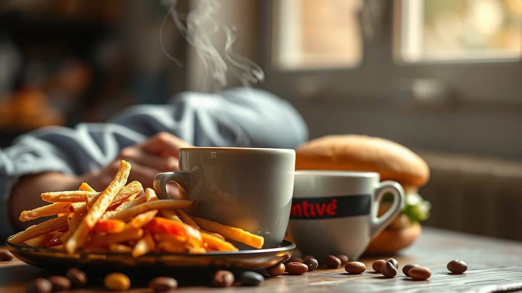 스트레스, 카페인, 잘못된 습관이 심장에 미치는 영향 (realistic 스타일)