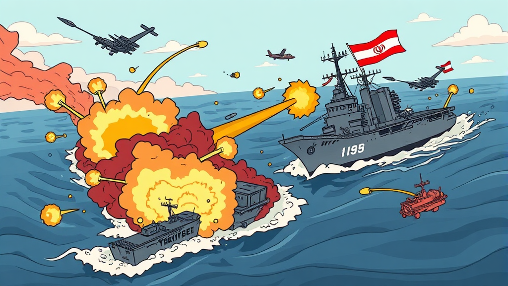 전쟁의 전개: 미국의 군사적 개입과 이란의 보복 (cartoon 스타일)