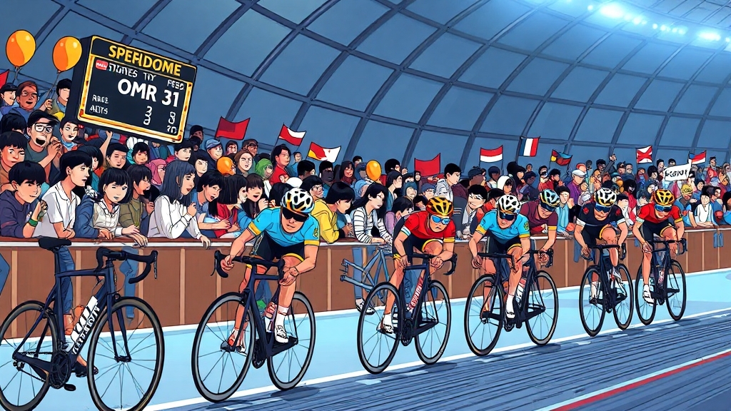 경륜 경기 관람 및 스마트 베팅 (cartoon 스타일)