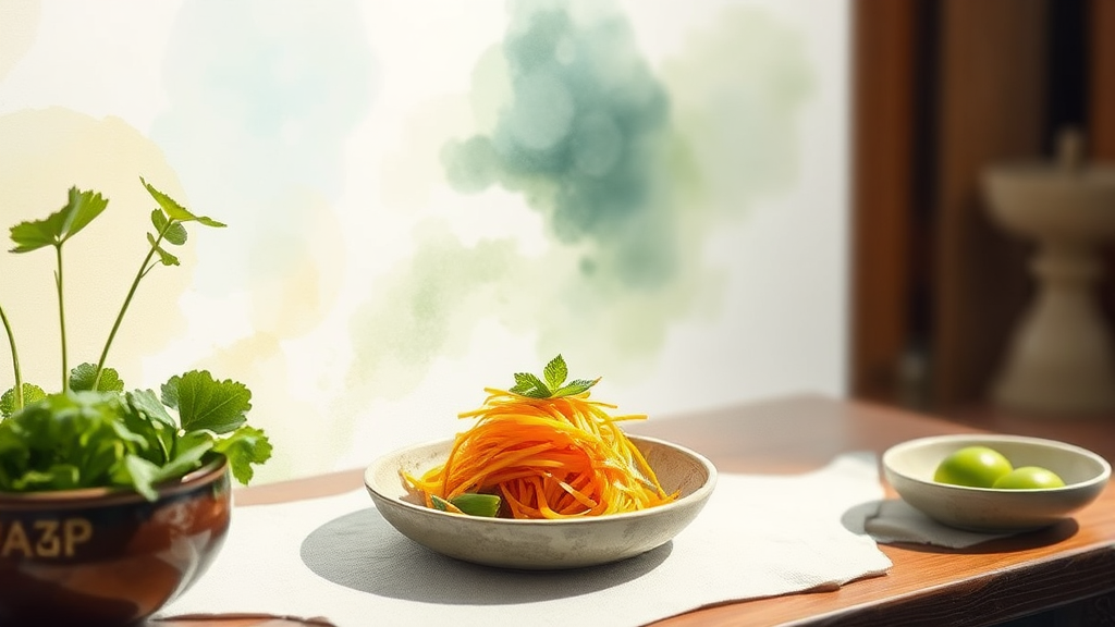 정관스님과 함께하는 미식과 깨달음의 조화: 사찰 음식 쿠킹 클래스 (watercolor 스타일)