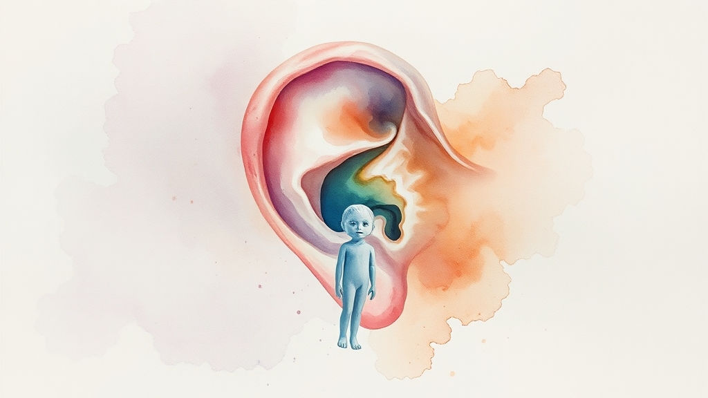 귀 질환과 어지럼증의 관계 (watercolor 스타일)