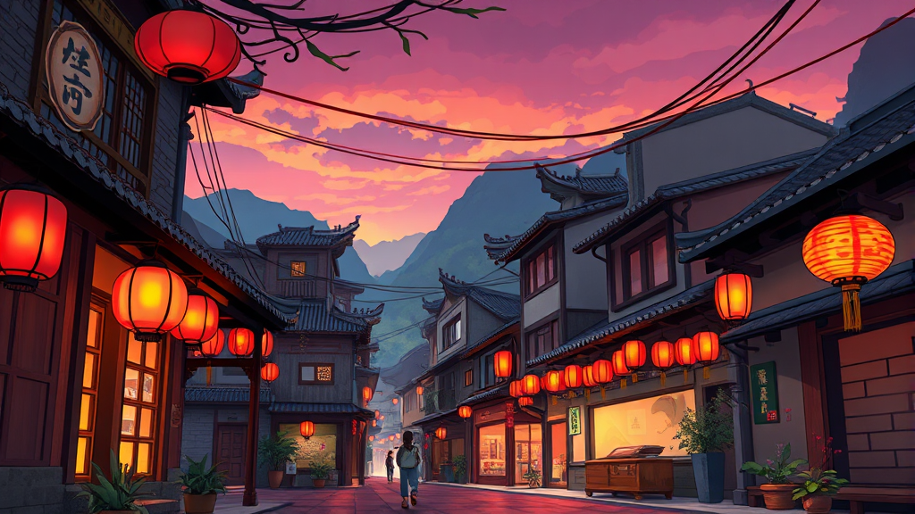 지우펀: 센과 치히로의 행방불명 속 홍등 거리 (illustration 스타일)