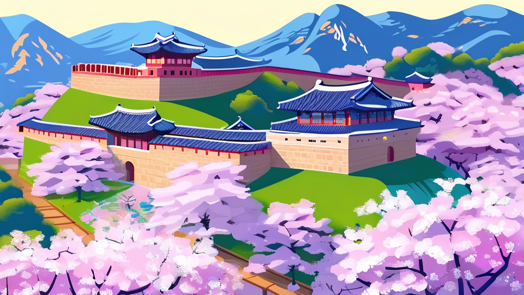 역사와 낭만이 함께하는 상당산성 벚꽃길 (cartoon 스타일)