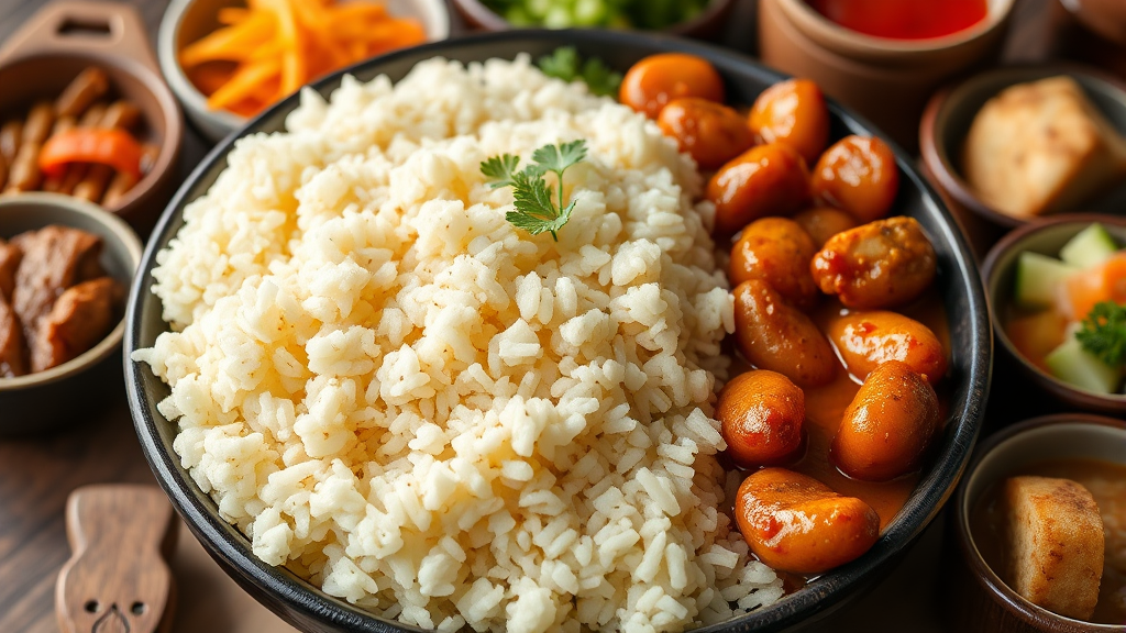 옥천집의 특별함: 감자밥과 정갈한 반찬의 조화 (realistic 스타일)