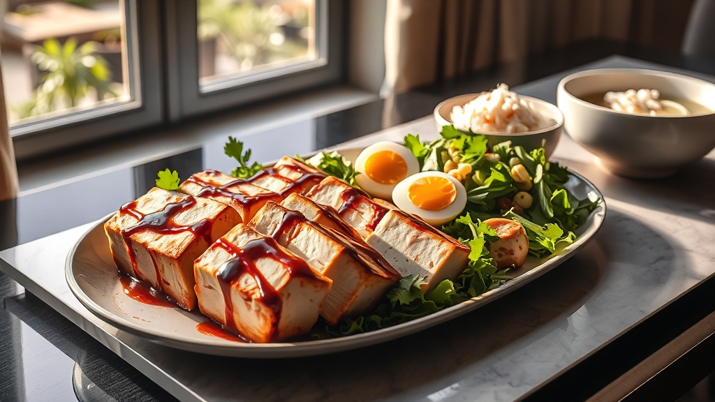 신선한 채소와 함께 담긴 맛있는 두부 계란 샐러드
