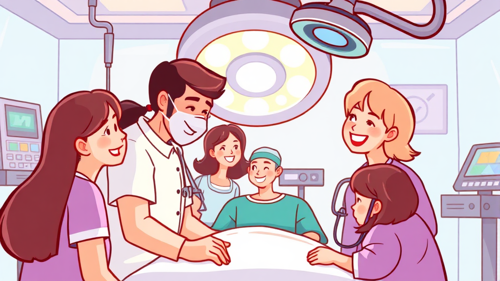 맹장염 치료: 수술과 회복 (cartoon 스타일)