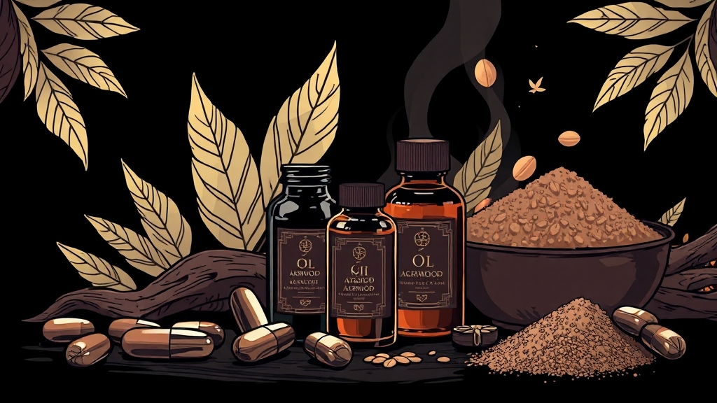 침향 환, 액, 오일, 가루를 비교하는 일러스트