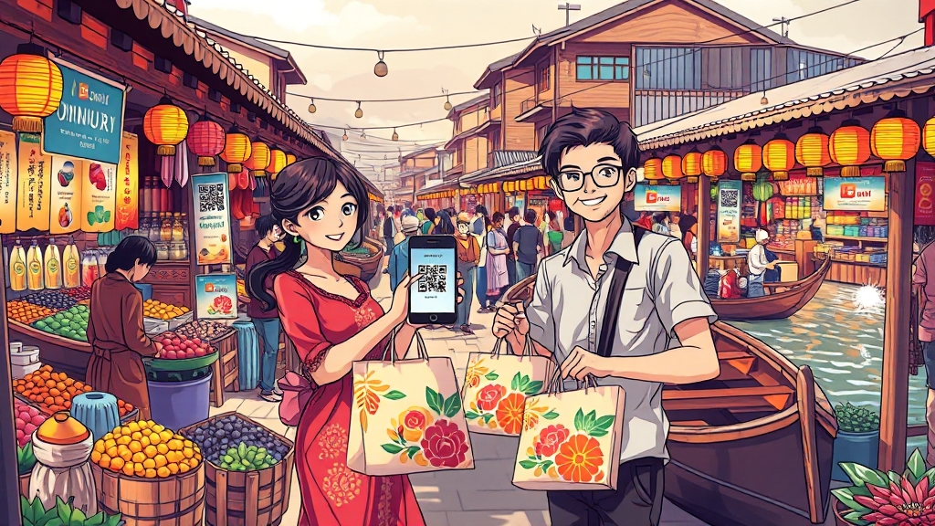 전통시장에서 디지털 온누리 앱 사용법 (illustration 스타일)