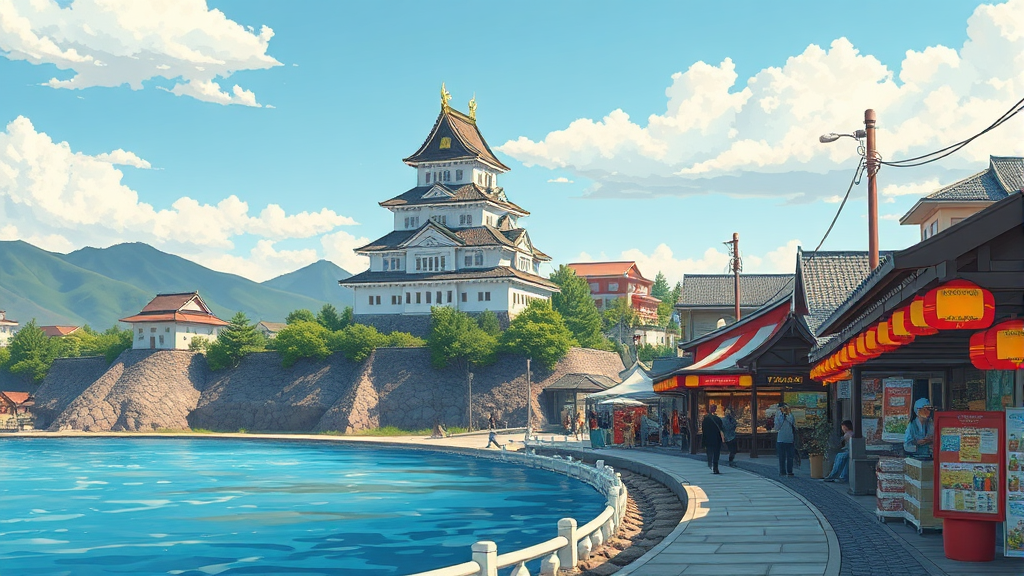 와카야마 필수 관광지: 성, 해변, 그리고 시장 (realistic 스타일)