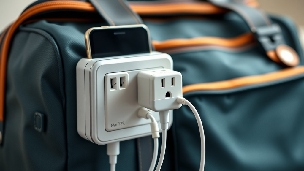 해외여행 필수품: 충전 어댑터 & 보조배터리 (realistic 스타일)