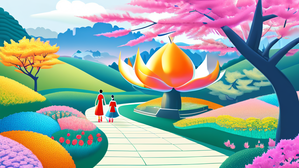 박람회 주요 전시 구역 및 테마 정원 소개 (illustration 스타일)