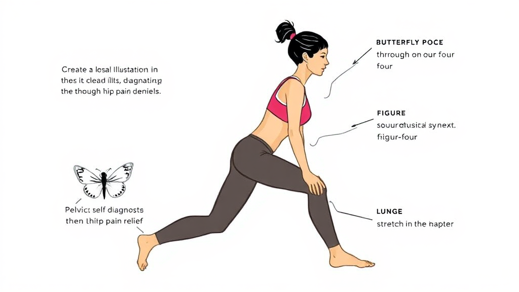 고관절 통증 완화를 위한 자가 진단 및 스트레칭 방법 (illustration 스타일)