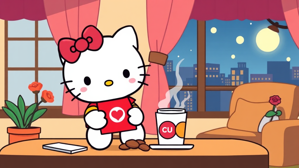 집에서 즐기는 특별한 경험: CU 배달커피와 헬로키티 (cartoon 스타일)