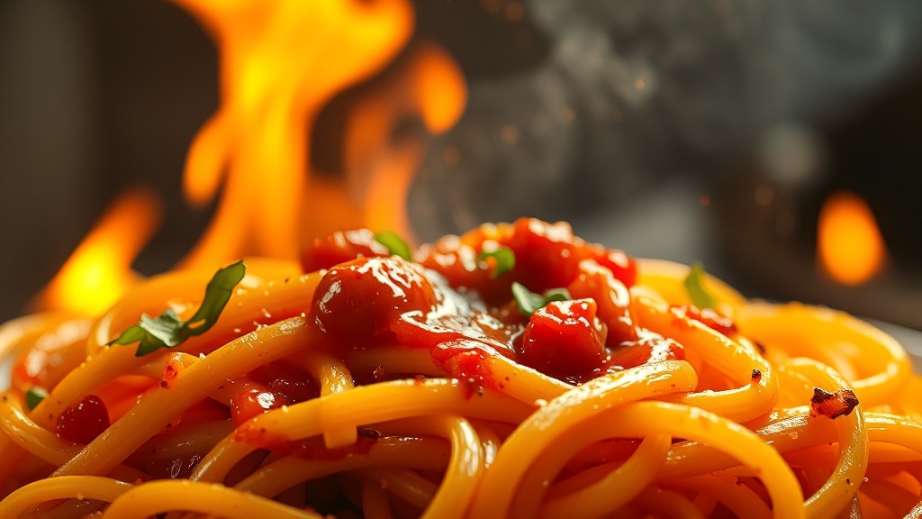 핵파스타와 불닭볶음면 (realistic 스타일)