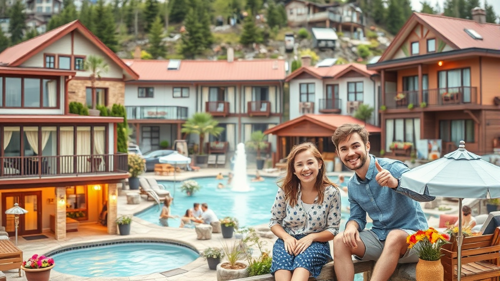 숙소 유형별 장단점 비교 (realistic 스타일)