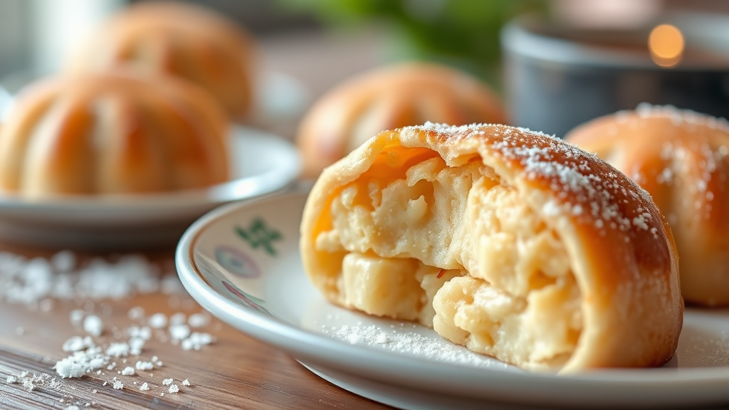 완성된 상하이 버터떡, 맛있게 먹는 방법 (realistic 스타일)