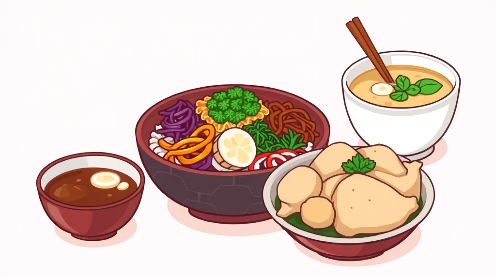 비빔밥과 함께 먹으면 좋은 음식 (cartoon 스타일)