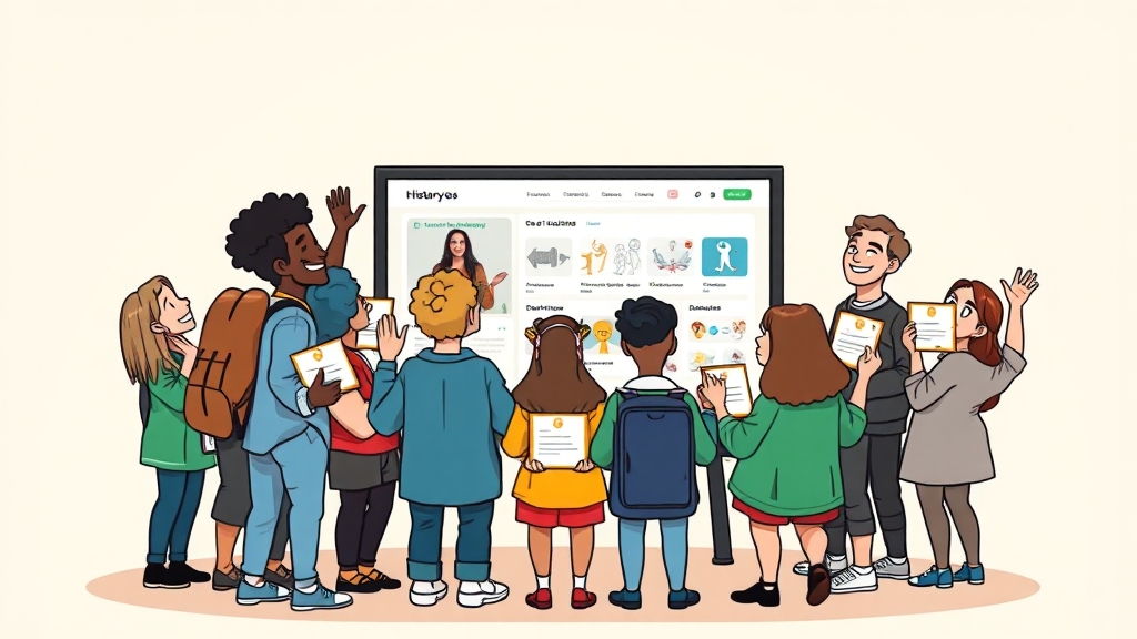 학습 지원 서비스 & 수료증 발급 (cartoon 스타일)