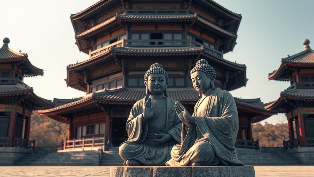 팔각구층석탑과 석조보살좌상의 조화 (realistic 스타일)