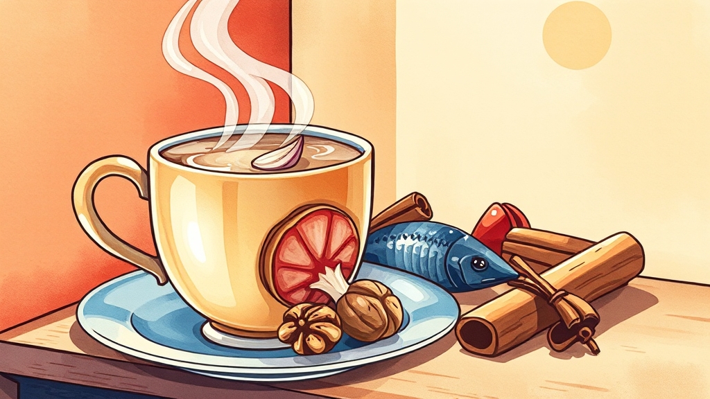 혈액순환 영양제 추천 효과 부작용 처방 총정리 (25년 최신) 8 혈액순환 돕는 음식 & 차 (cartoon 스타일)