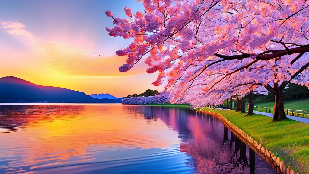율동공원: 호수와 벚꽃의 조화 (realistic 스타일)
