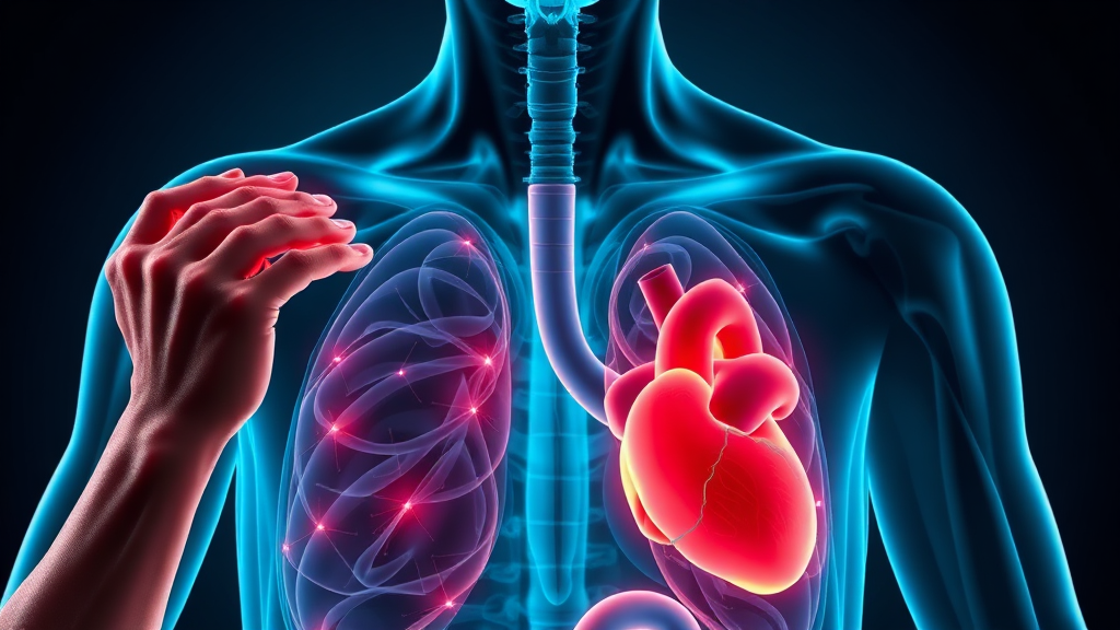 심근경색과 혼동하기 쉬운 증상, 소화불량과의 차이점 (realistic 스타일)