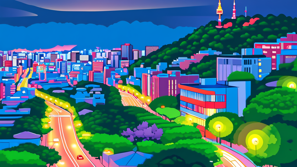 남산 케이블카 탑승 후 즐기는 서울 풍경 (cartoon 스타일)